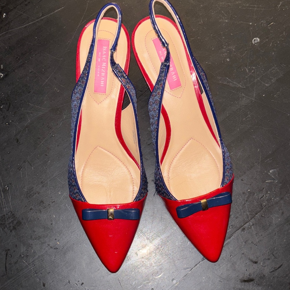 Isaac Mizrahi Vintage Red and Navy Pointed-Toe Slingback Pumps Sizs 9 - Picture 2 of 7